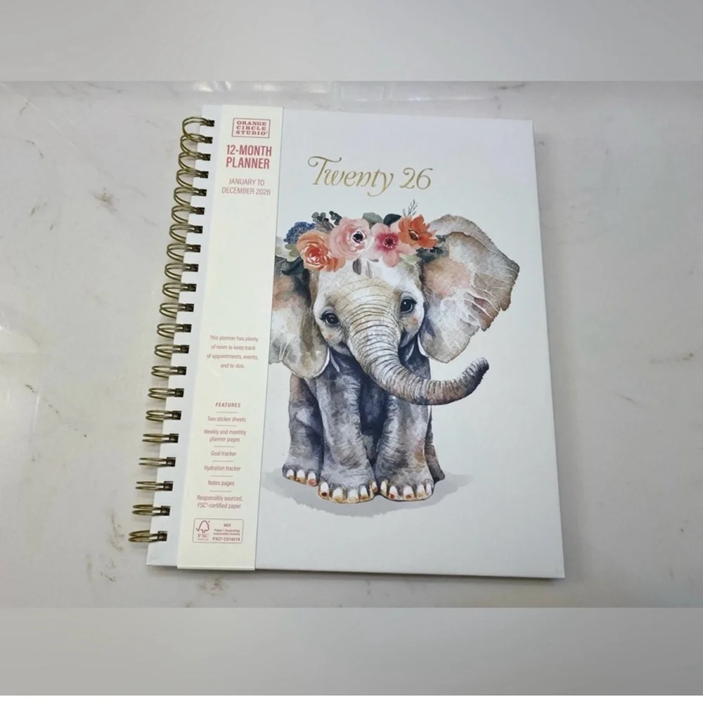 2026 Monthly Planner  12 mo.  Planner Orange Circle Studio Elephant Design 11x9”